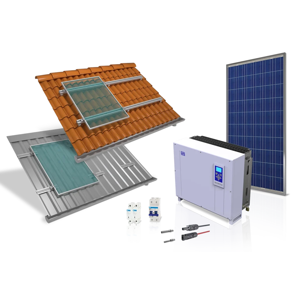 Módulo fotovoltaico, inversor, estruturas de telhado e proteções de um sistema solar.
