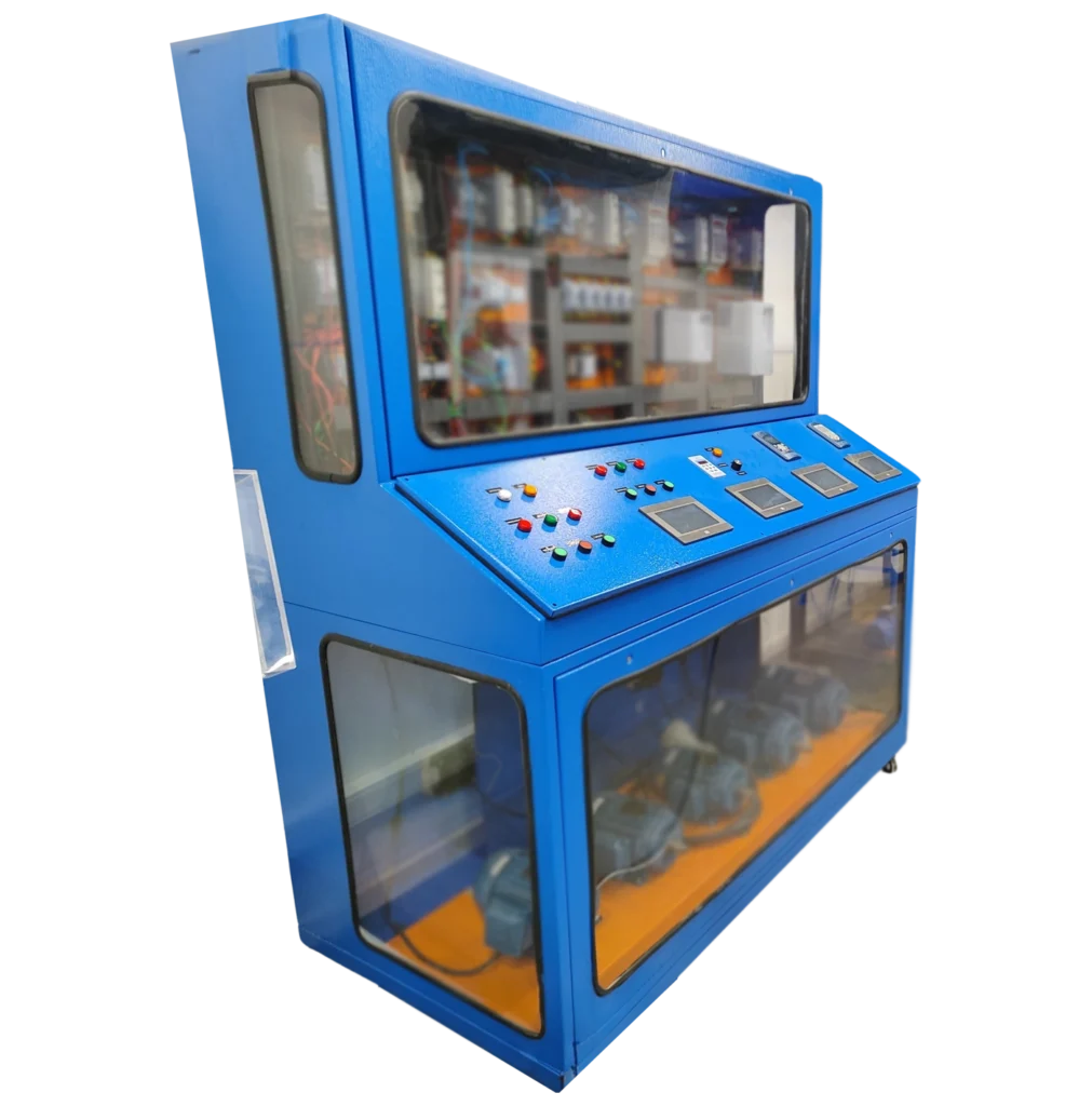 Painel especial em gabinete azul, com visores e comandos na frente.